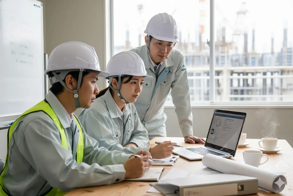 建設現場の事務所でCCUSの導入について話し合う事業者と技能者