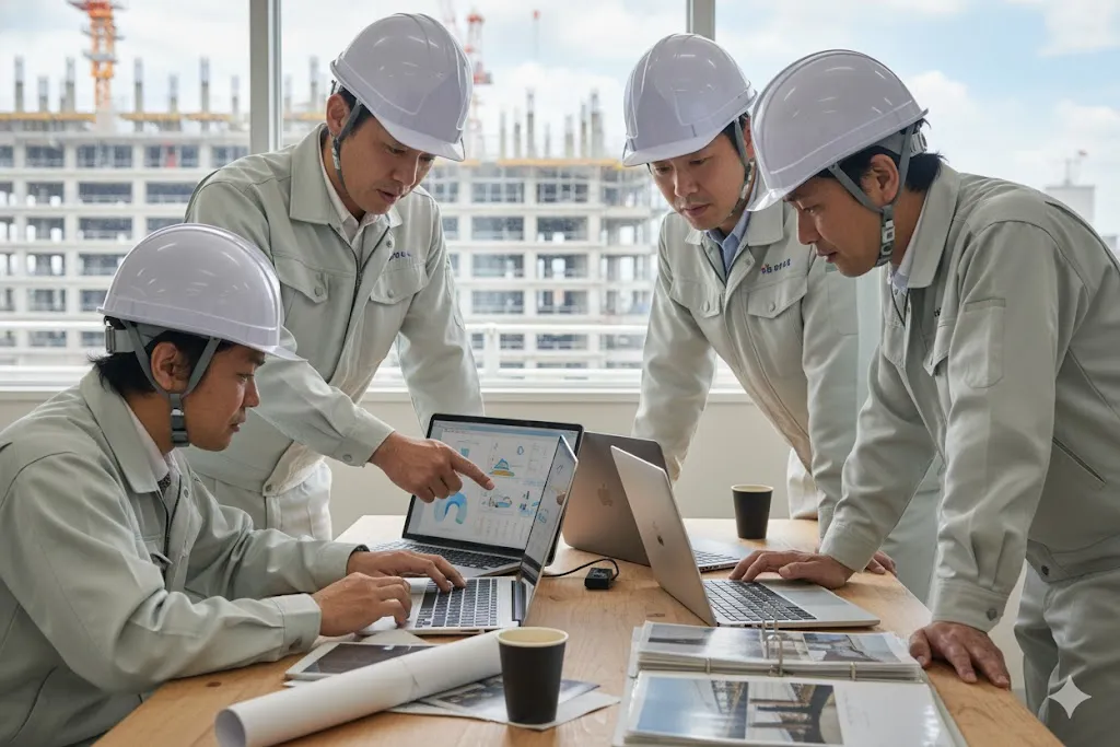 ノートパソコンを見ながらDX推進について議論する建設作業員たち
