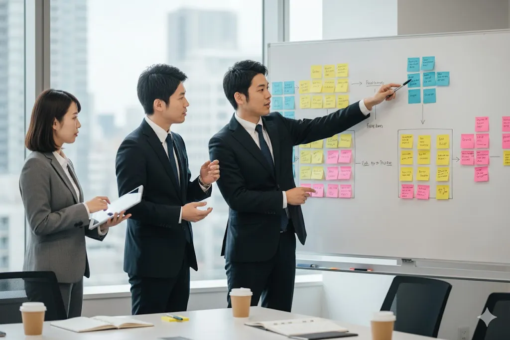 ホワイトボードの付箋を見ながら業務フローを可視化するチーム