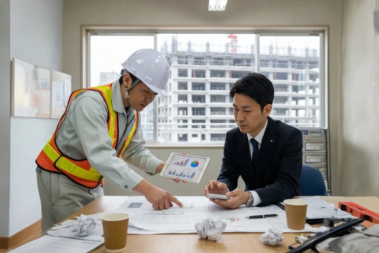 建設現場で設計図とタブレットを見ながら原価管理について話し合う現場監督と経理担当者