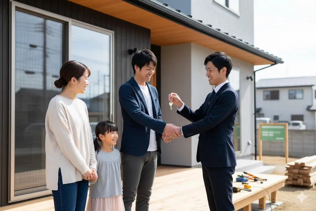 新築住宅の引き渡しを受け、建設会社の担当者から鍵を受け取る家族
