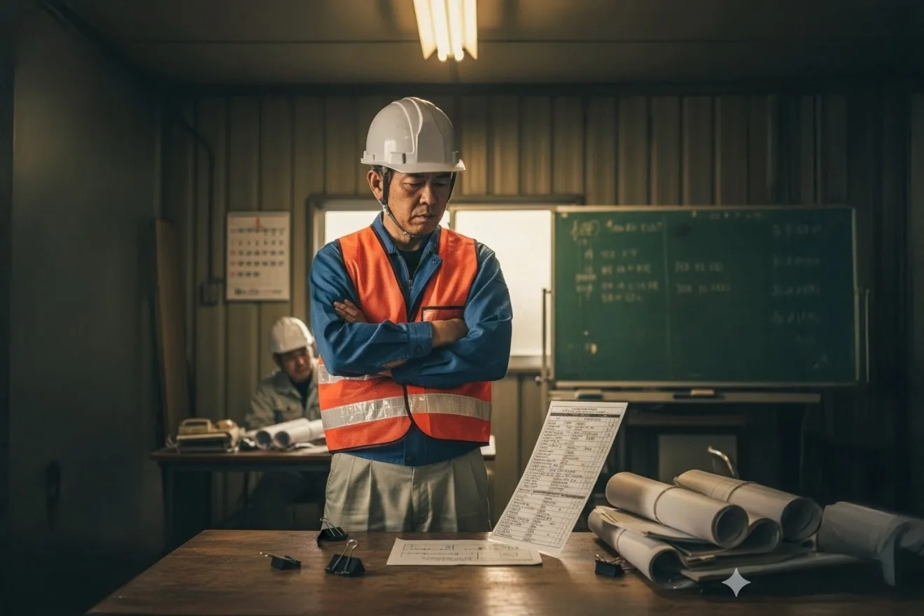 建設現場で評価について悩む現場監督のイメージ